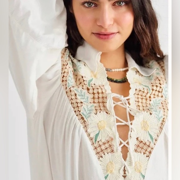 NWT Free People Chain Of Daisies Embroidered Ruffle Dress Tunic / Ivory Combo - Picture 3 of 13